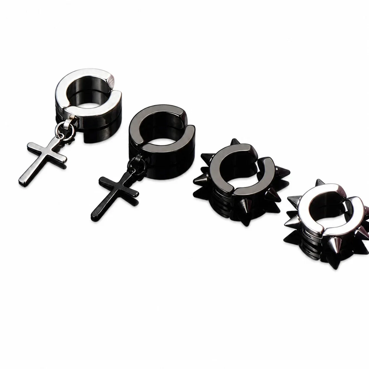 Edgy Stainless Steel Cross Drop Clip Hoop Earrings
