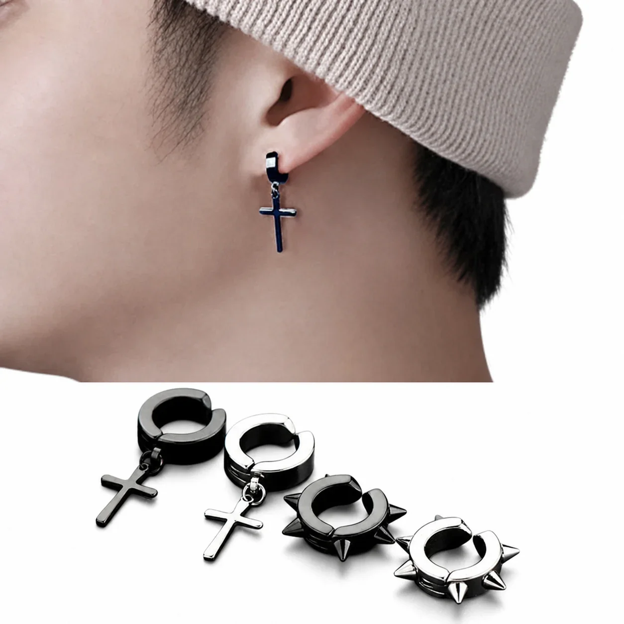 Edgy Stainless Steel Cross Drop Clip Hoop Earrings
