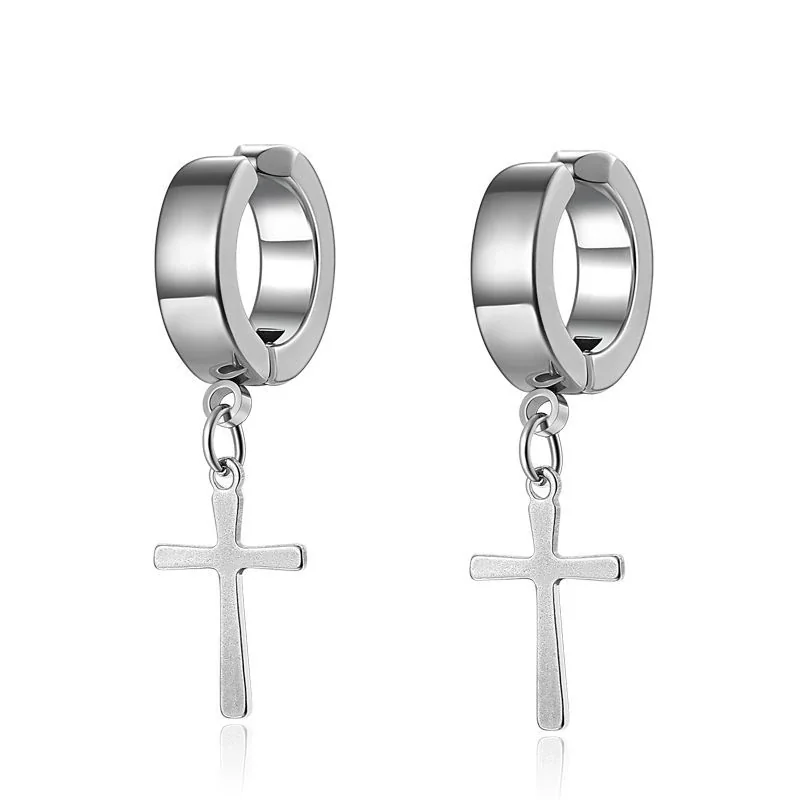 Edgy Stainless Steel Cross Drop Clip Hoop Earrings