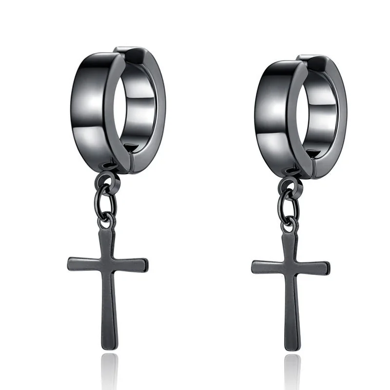 Edgy Stainless Steel Cross Drop Clip Hoop Earrings - Black Cross Clip