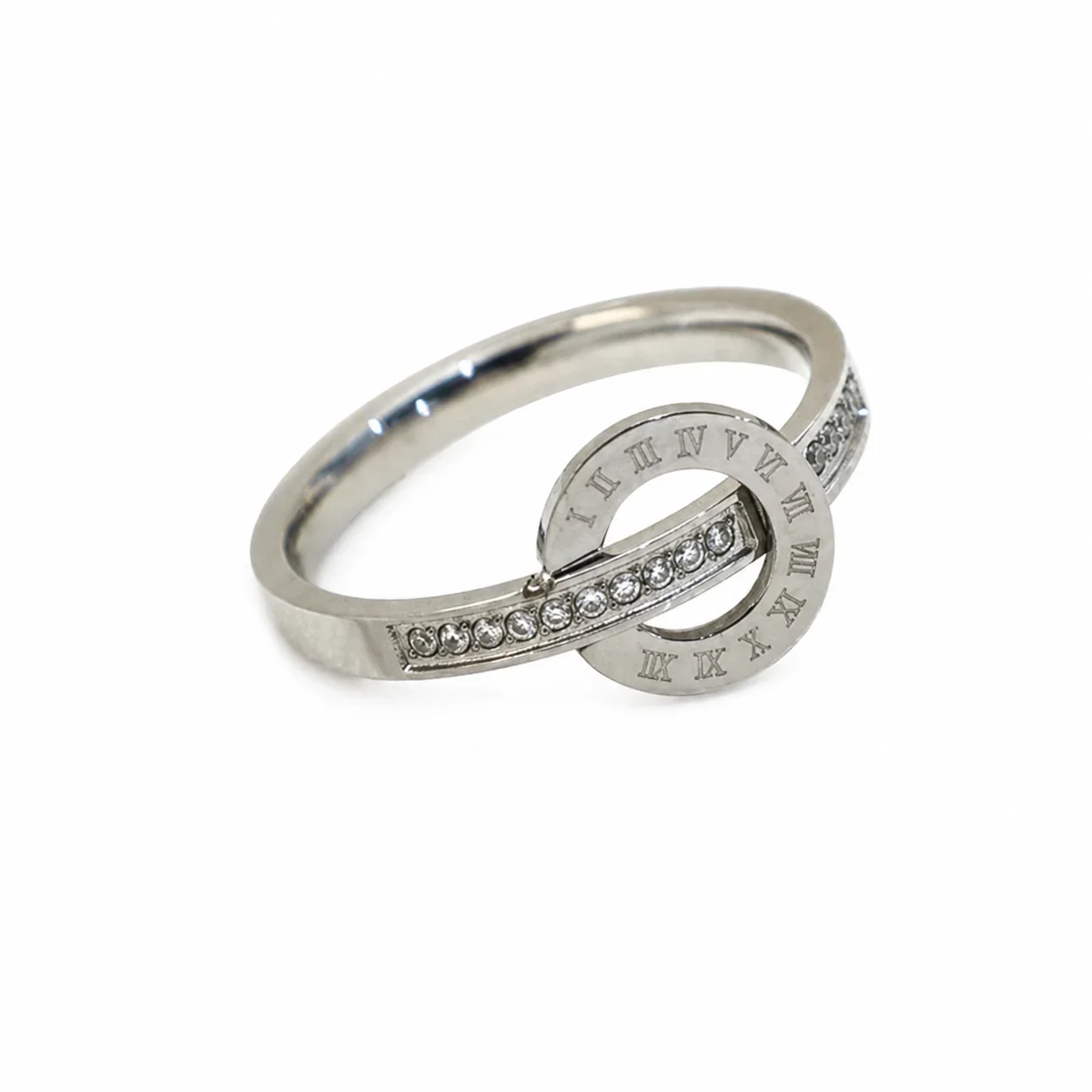 Refined Roman Circle 316 Stainless Steel Channel-Set Crystal Ring