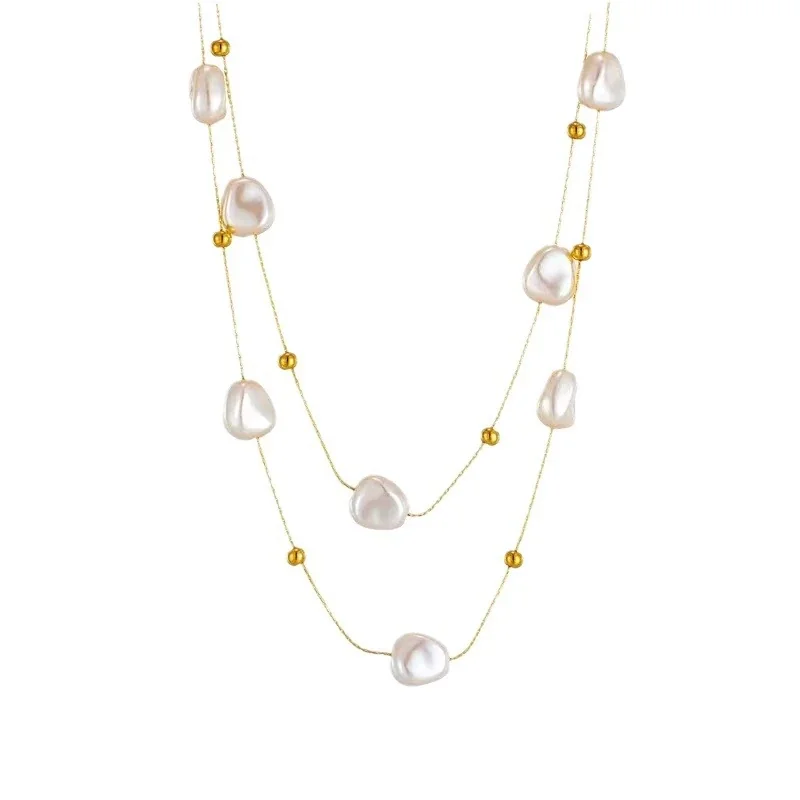Layered Pearl-Effect Bead Snake Chain Stainless Steel Necklace