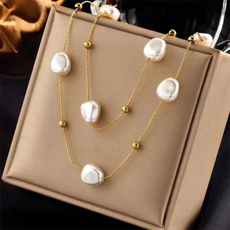 Layered Pearl-Effect Bead Snake Chain Stainless Steel Necklace