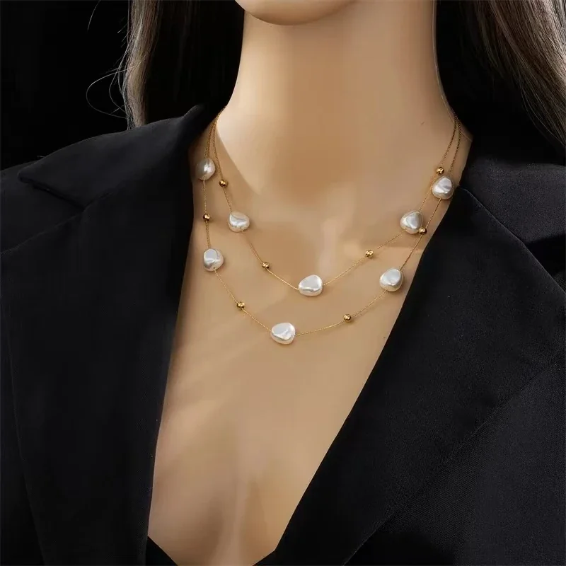 Layered Pearl-Effect Bead Snake Chain Stainless Steel Necklace