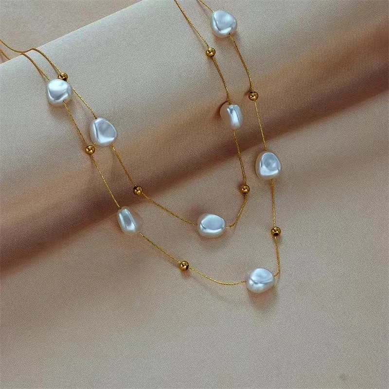 Layered Pearl-Effect Bead Snake Chain Stainless Steel Necklace