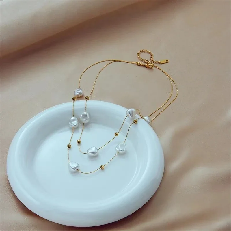 Layered Pearl-Effect Bead Snake Chain Stainless Steel Necklace