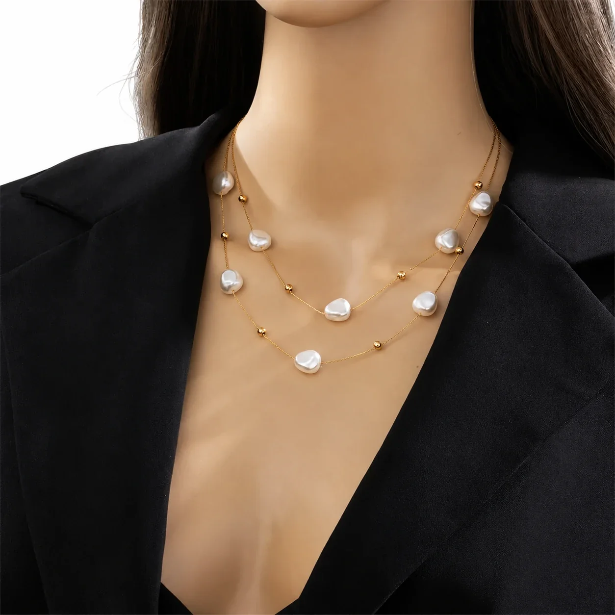Layered Pearl-Effect Bead Snake Chain Stainless Steel Necklace - Gold