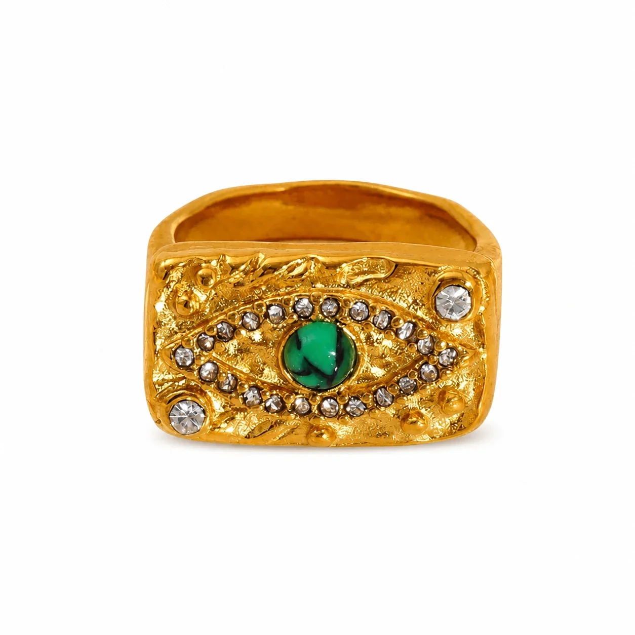 Ornate Gold-Plated Evil Eye Green Crystal Signet Ring