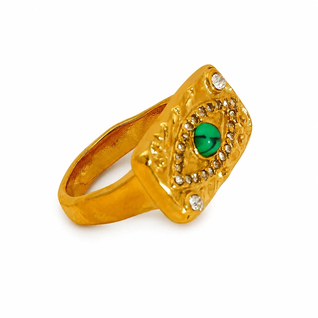 Ornate Gold-Plated Evil Eye Green Crystal Signet Ring