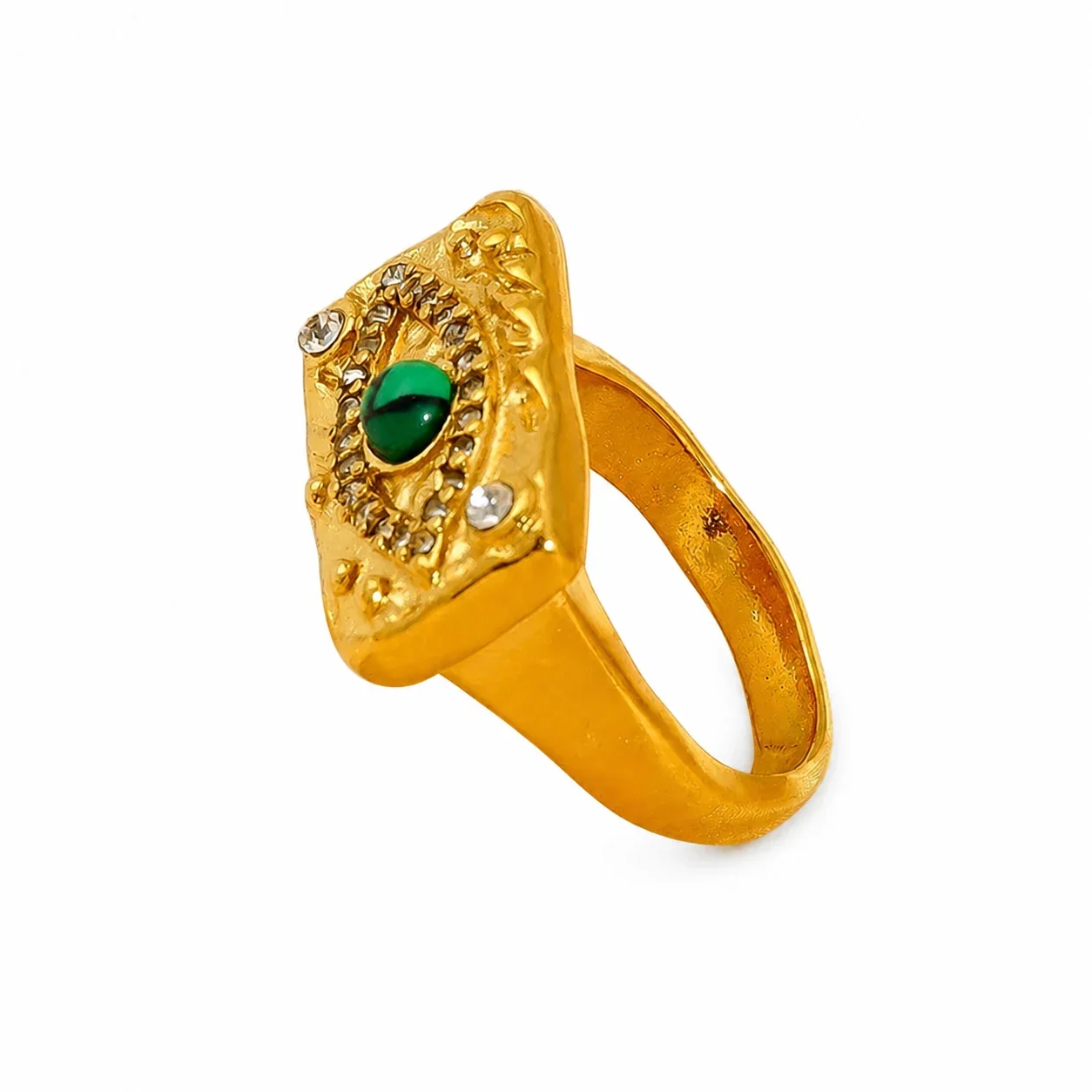 Ornate Gold-Plated Evil Eye Green Crystal Signet Ring