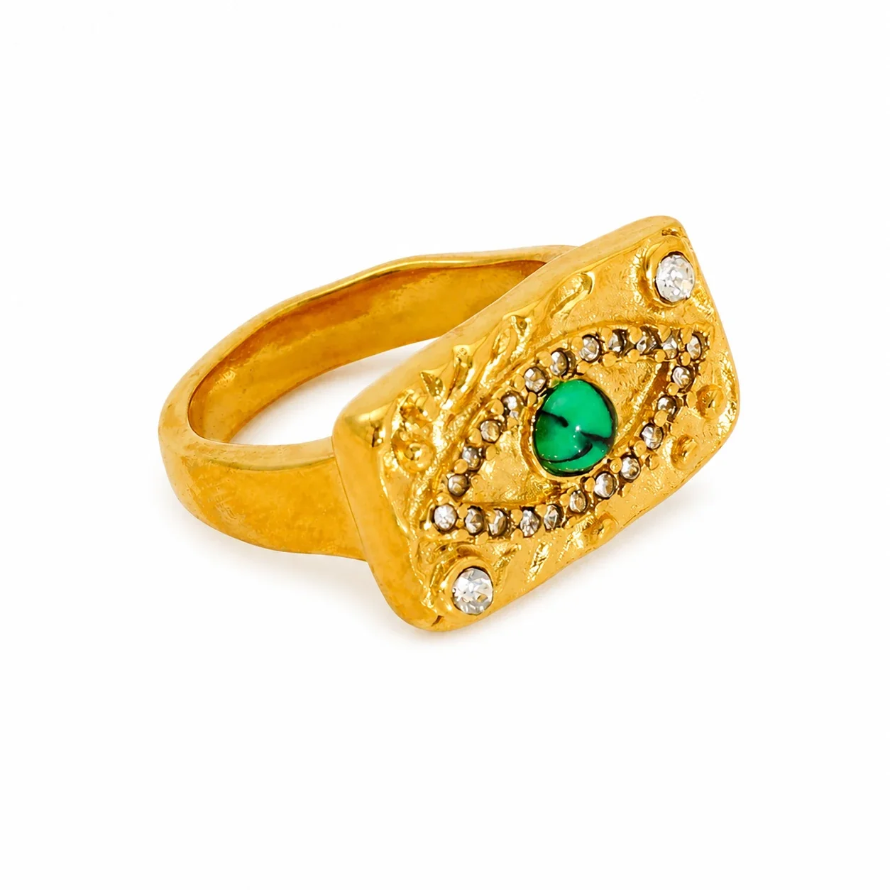Ornate Gold-Plated Evil Eye Green Crystal Signet Ring