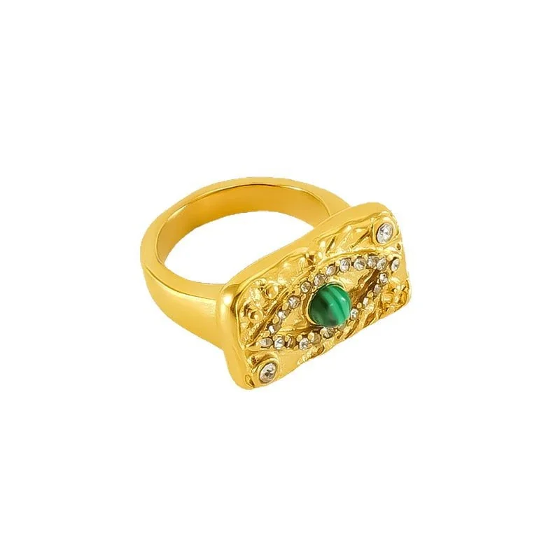Ornate Gold-Plated Evil Eye Green Crystal Signet Ring
