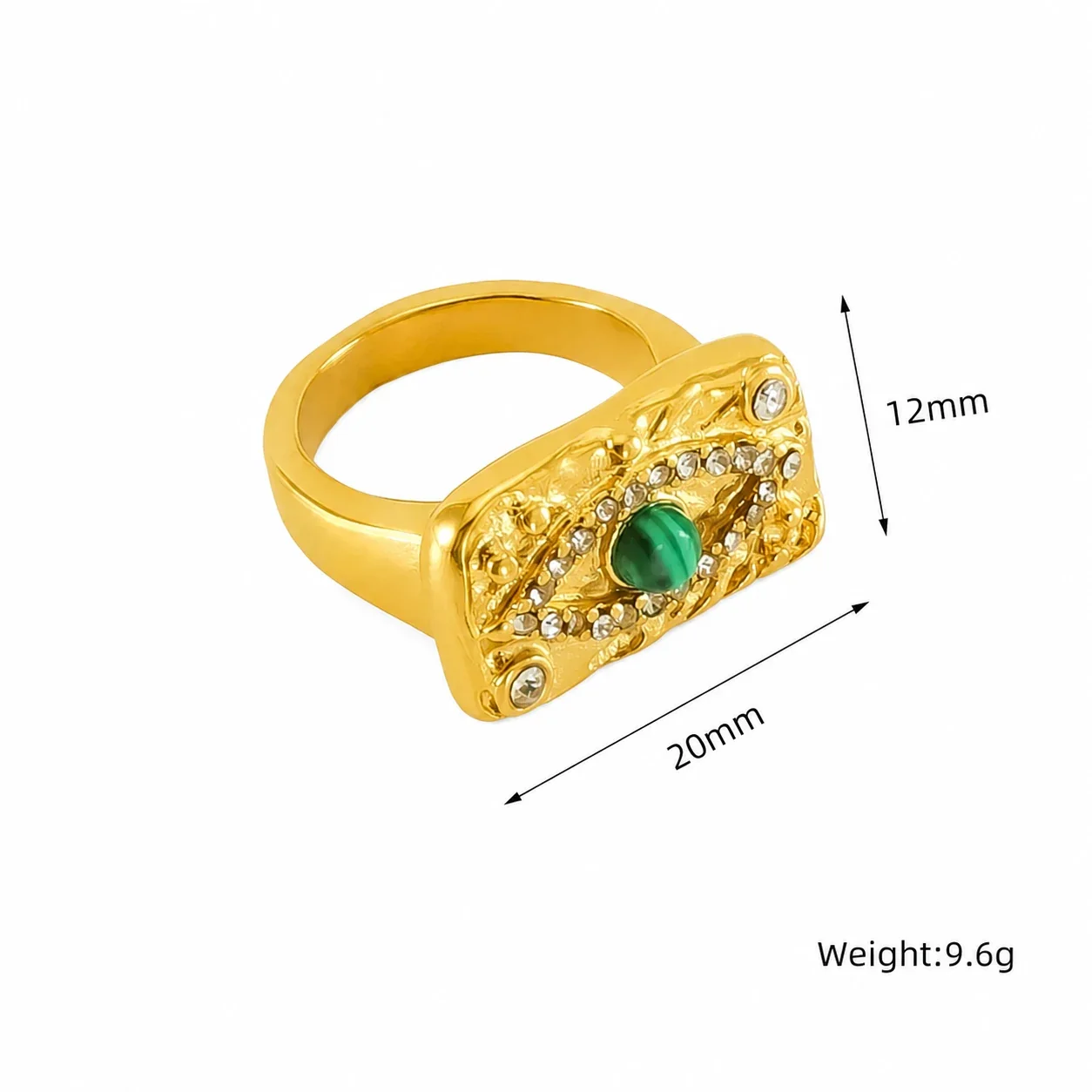 Ornate Gold-Plated Evil Eye Green Crystal Signet Ring - Gold Size