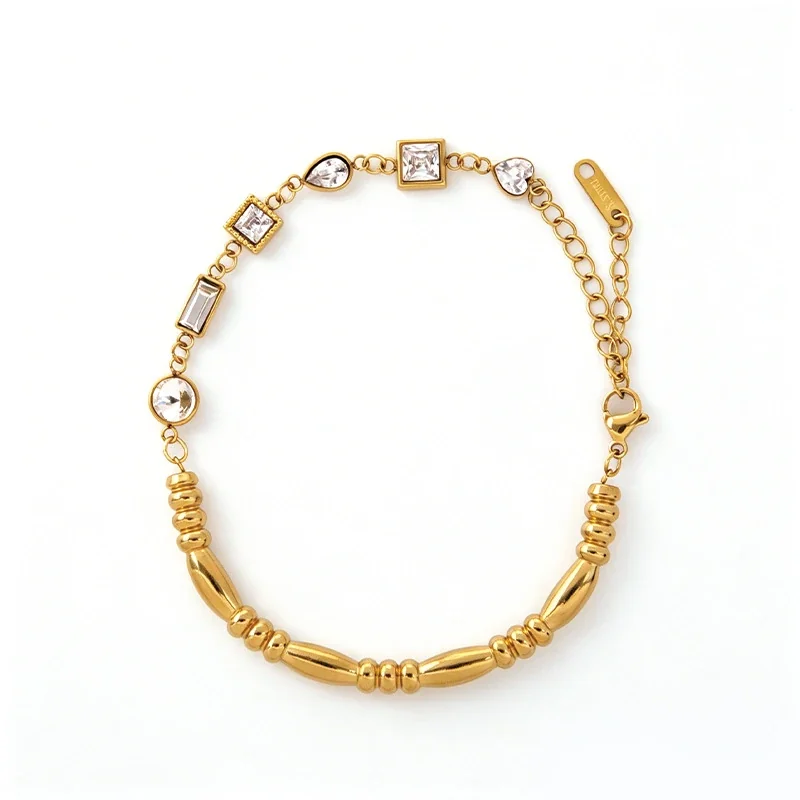 Bracelet with Geometric Crystal Stations & Beads, Gold-Plated Steel