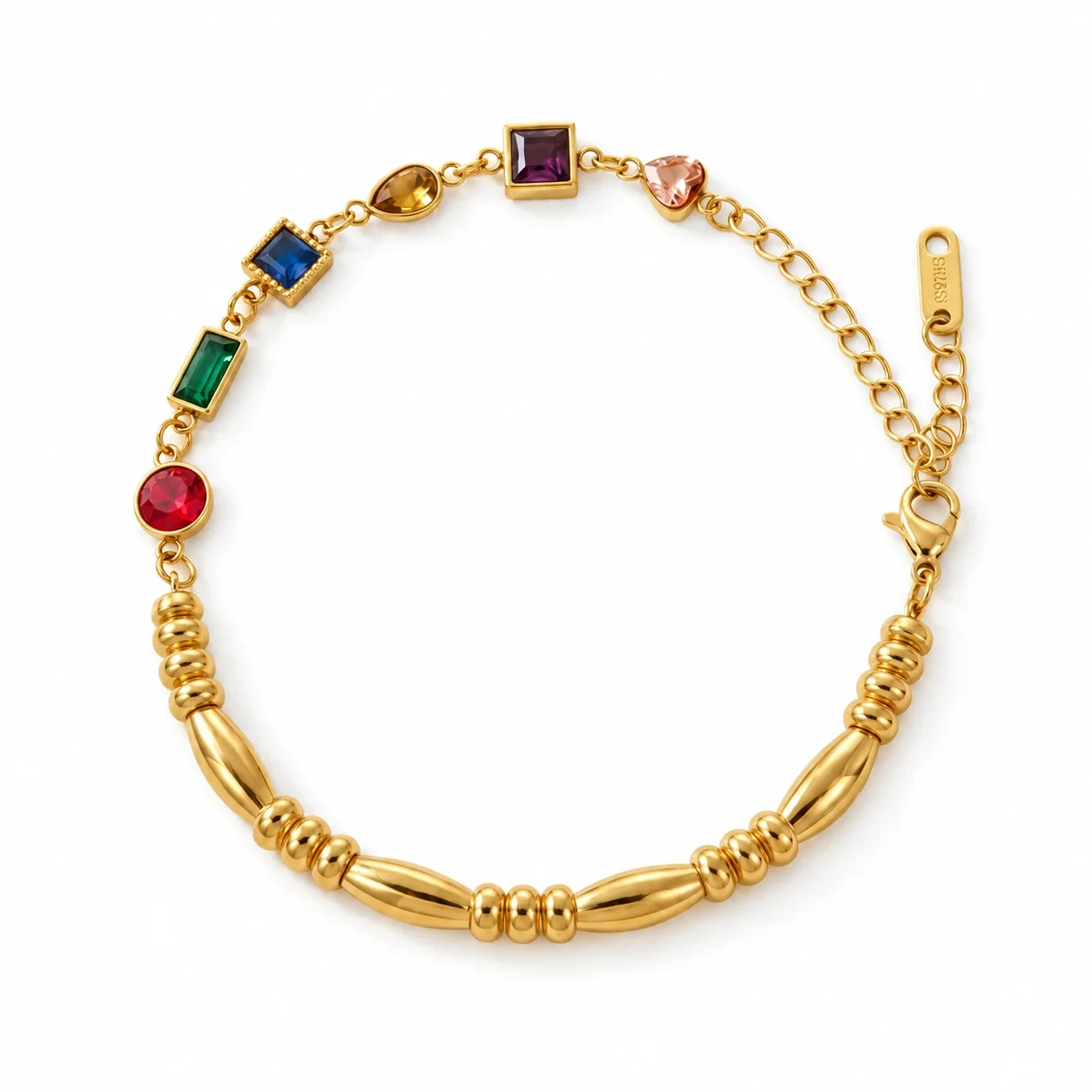 Bracelet with Geometric Crystal Stations & Beads, Gold-Plated Steel