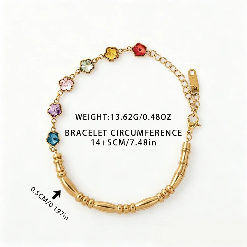 Bracelet with Geometric Crystal Stations & Beads, Gold-Plated Steel - Gold Mixed Multicolor Flower Crystals