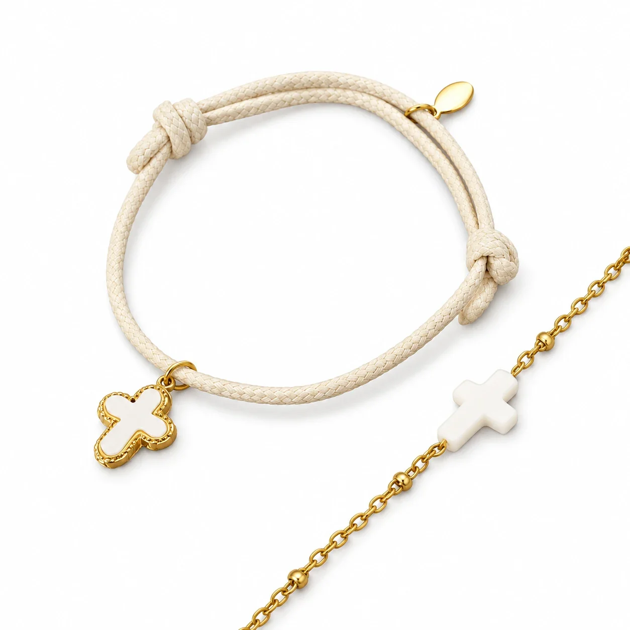 Cross Bracelet Set, Braided Cord & 18K Gold-Plated 316 Stainless Steel