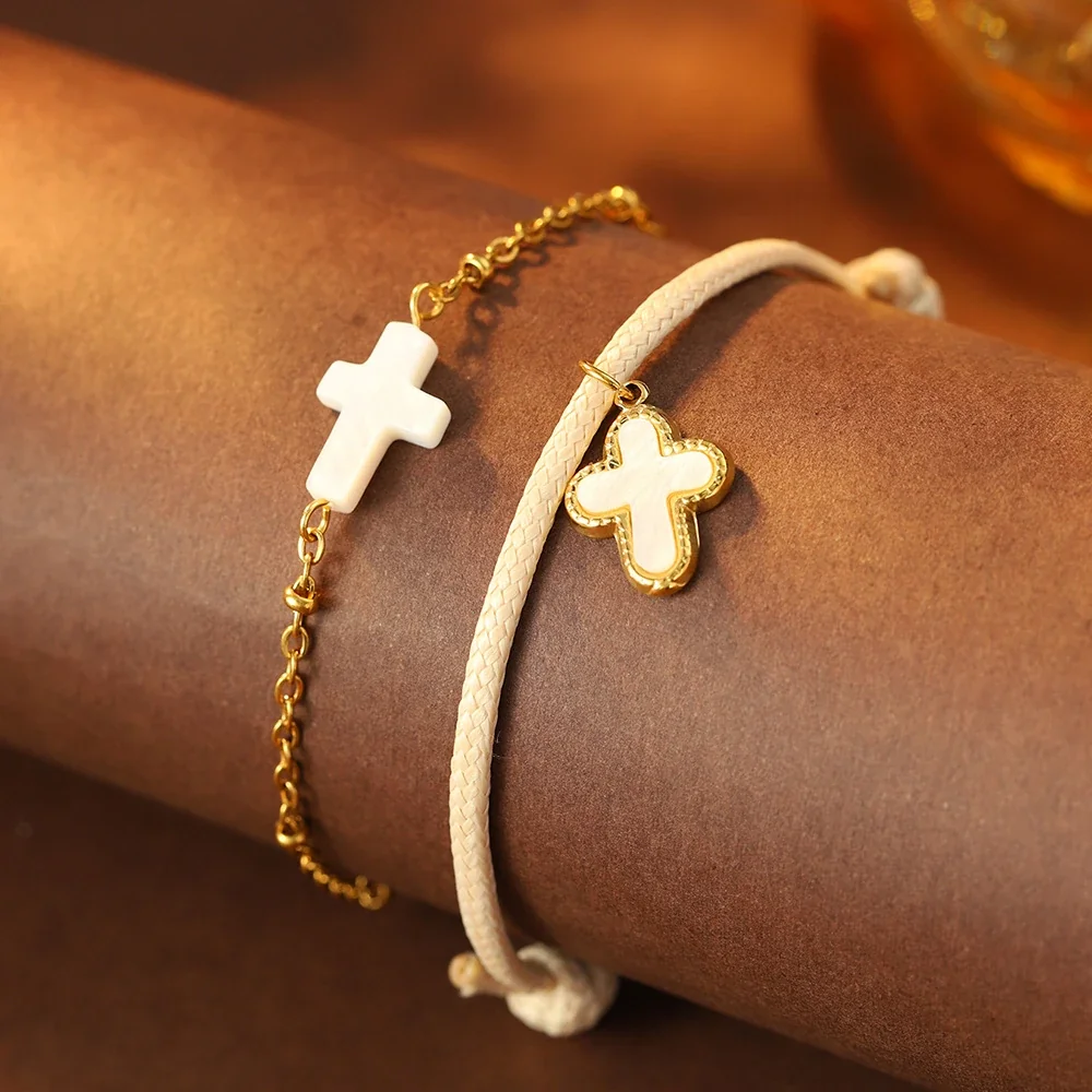Cross Bracelet Set, Braided Cord & 18K Gold-Plated 316 Stainless Steel