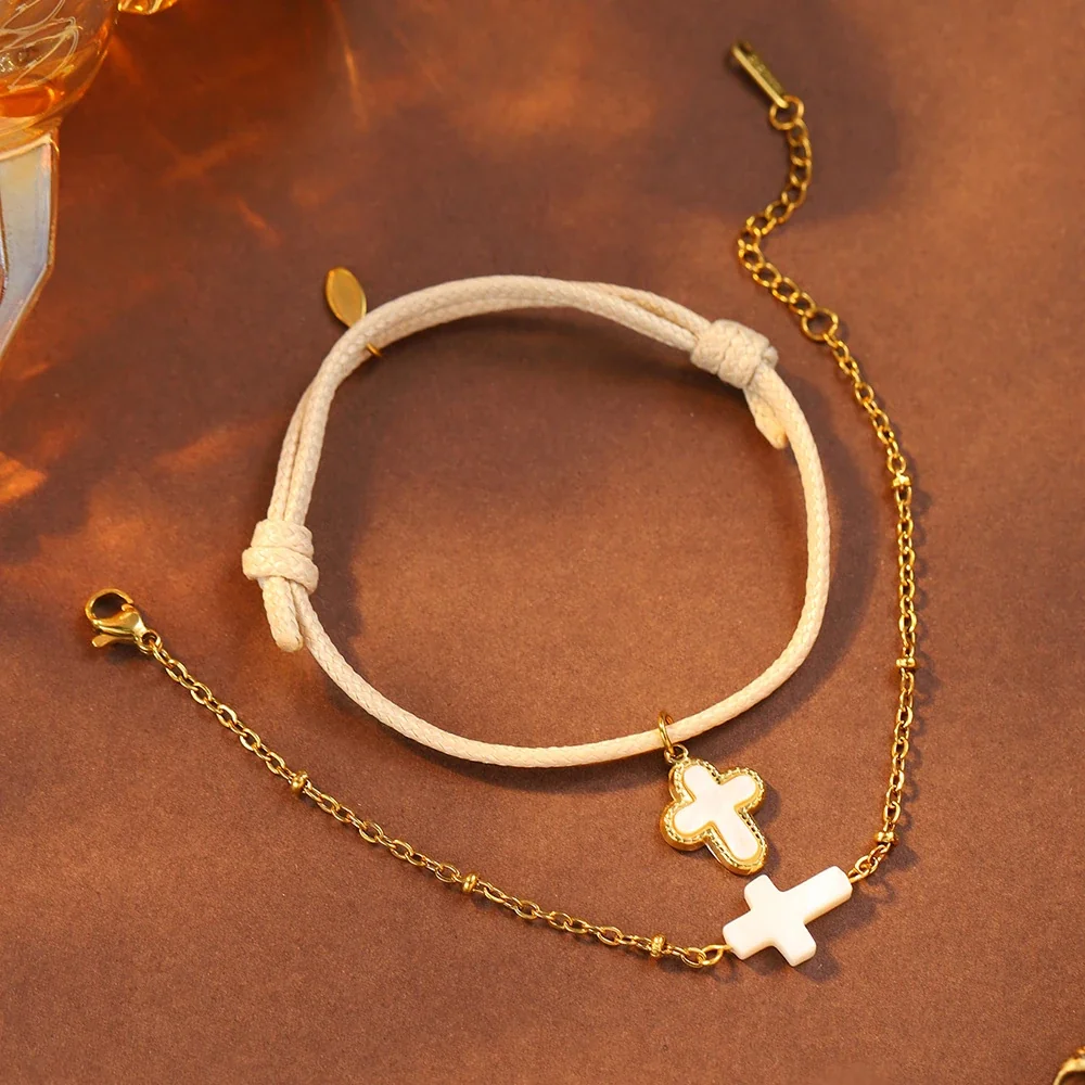Cross Bracelet Set, Braided Cord & 18K Gold-Plated 316 Stainless Steel