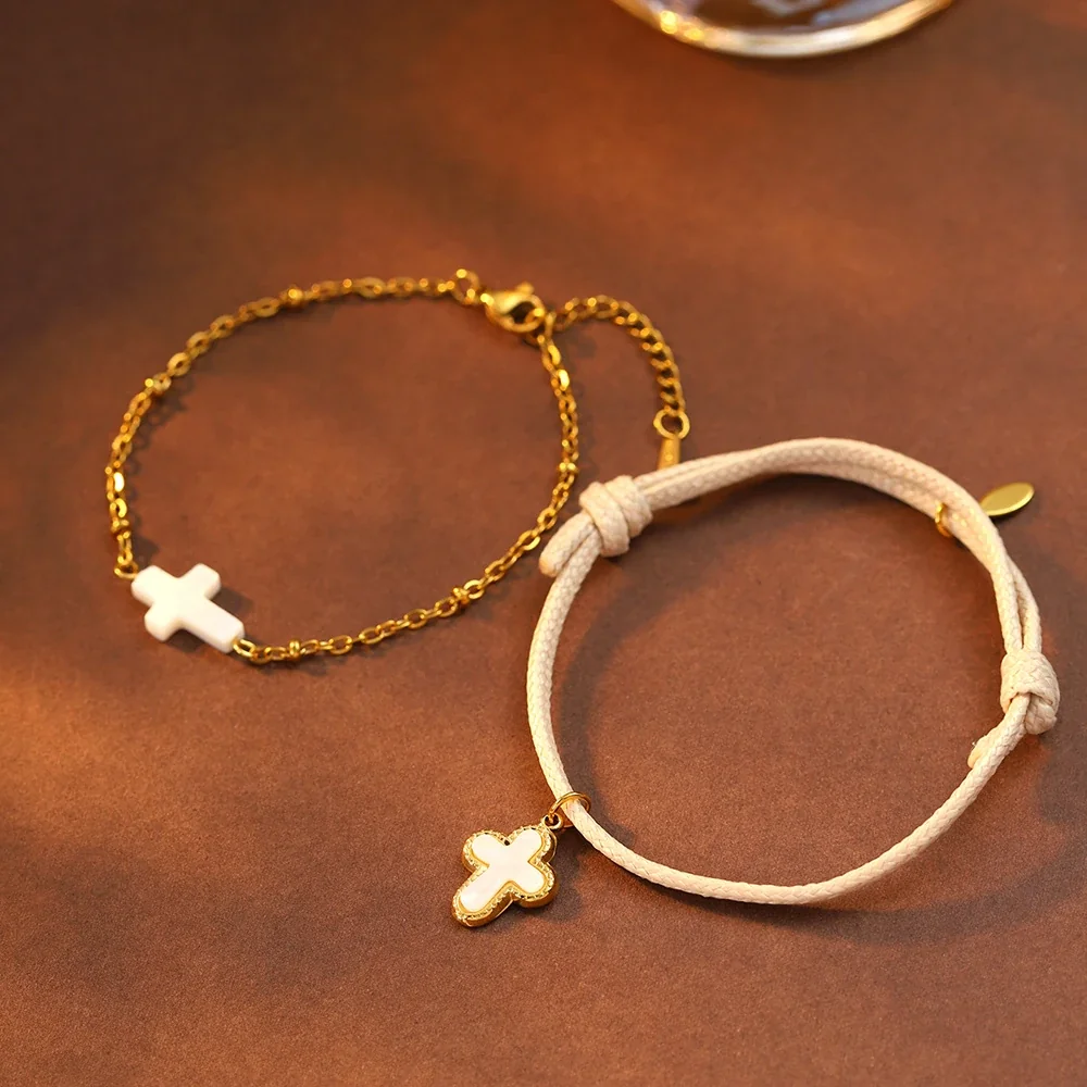 Cross Bracelet Set, Braided Cord & 18K Gold-Plated 316 Stainless Steel