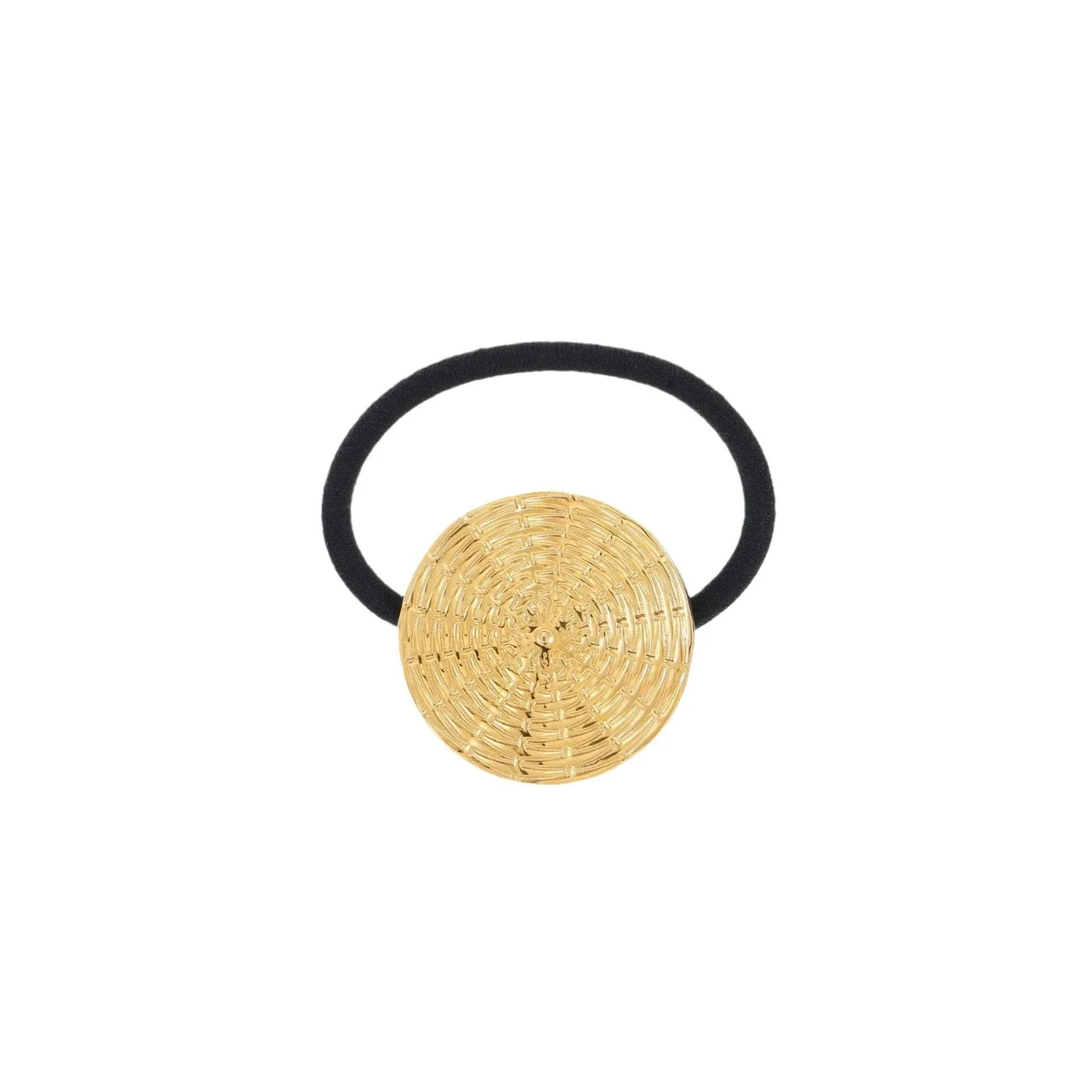 Hair Tie with Woven Round Medallion in Gold-Plated Steel