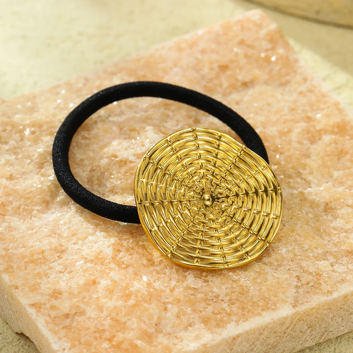 Hair Tie with Woven Round Medallion in Gold-Plated Steel