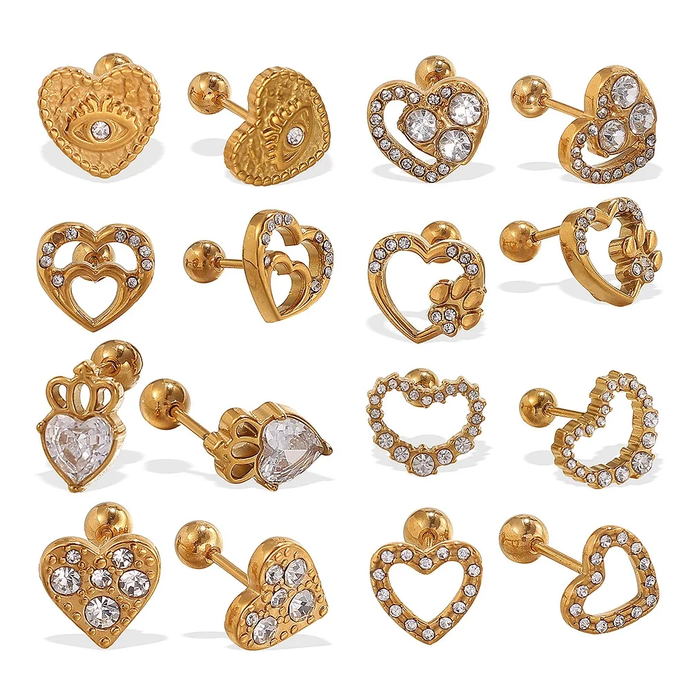 Heart Crystal Stud Earrings, 18K Gold-Plated Stainless Steel