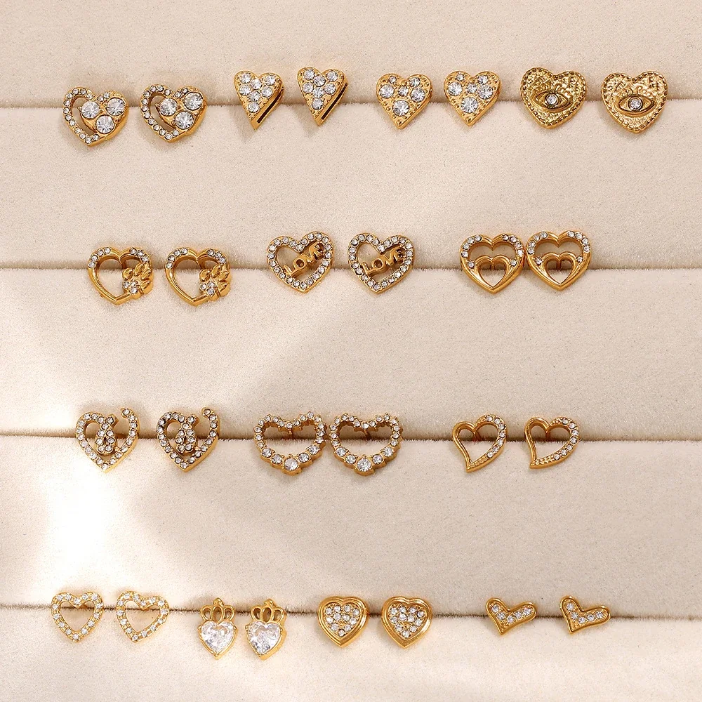 Heart Crystal Stud Earrings, 18K Gold-Plated Stainless Steel