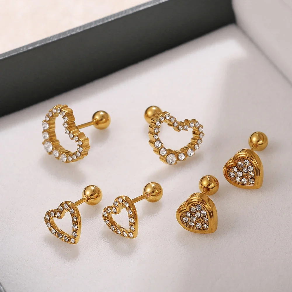 Heart Crystal Stud Earrings, 18K Gold-Plated Stainless Steel