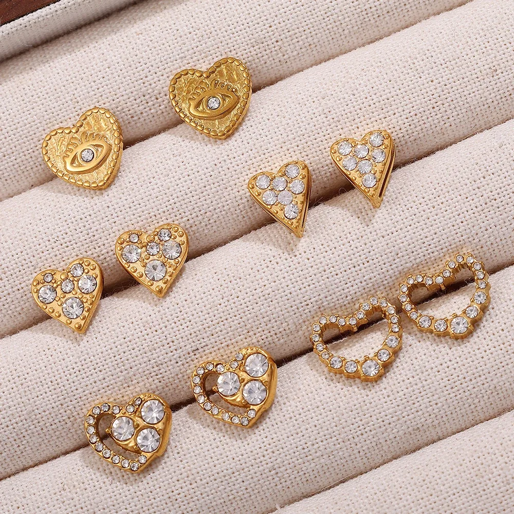 Heart Crystal Stud Earrings, 18K Gold-Plated Stainless Steel