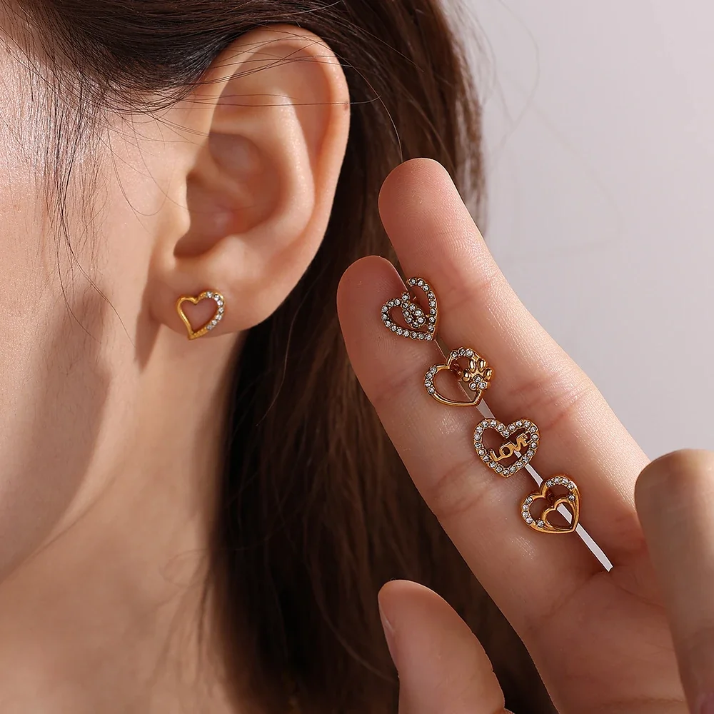 Heart Crystal Stud Earrings, 18K Gold-Plated Stainless Steel