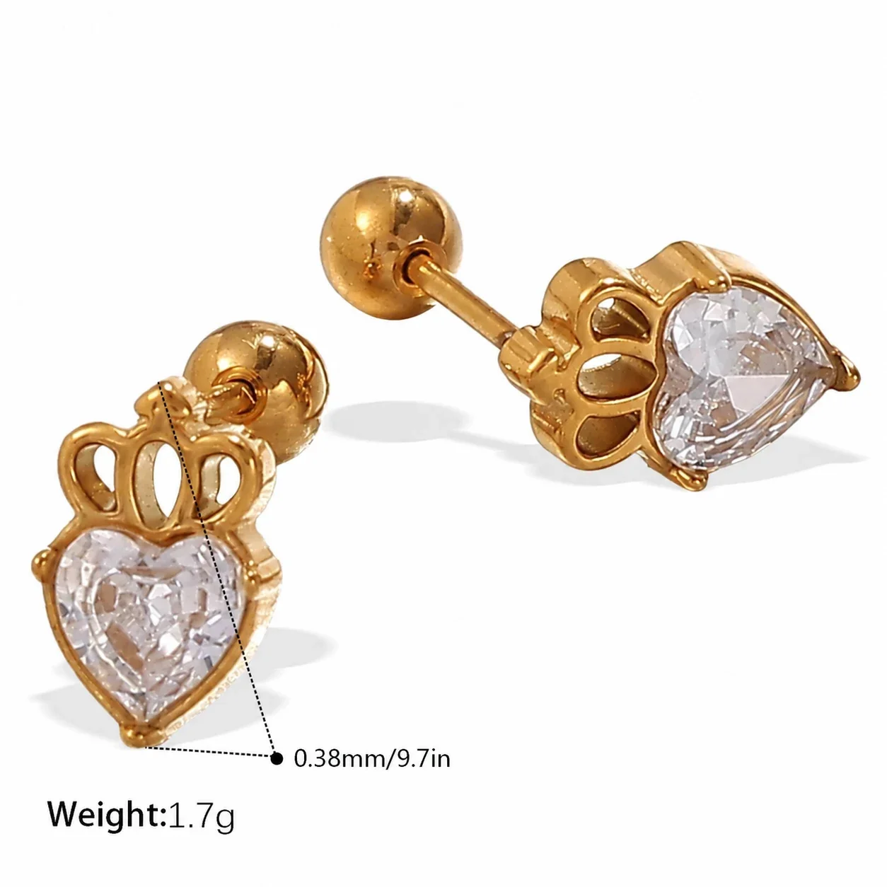 Heart Crystal Stud Earrings, 18K Gold-Plated Stainless Steel - Gold Crystal Stud