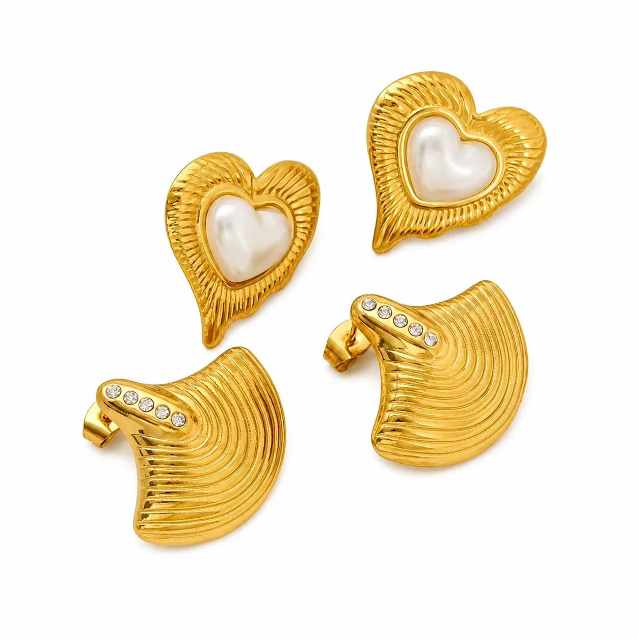 Sculptural Gold-Plated Ribbed Heart Pearl Stud Earrings