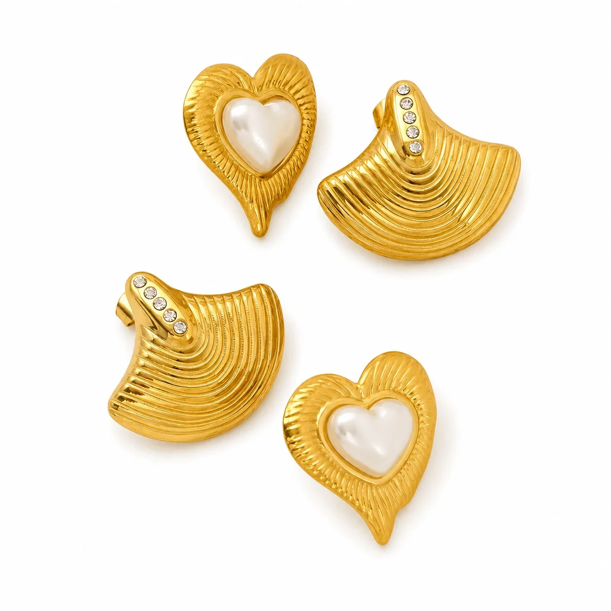 Sculptural Gold-Plated Ribbed Heart Pearl Stud Earrings