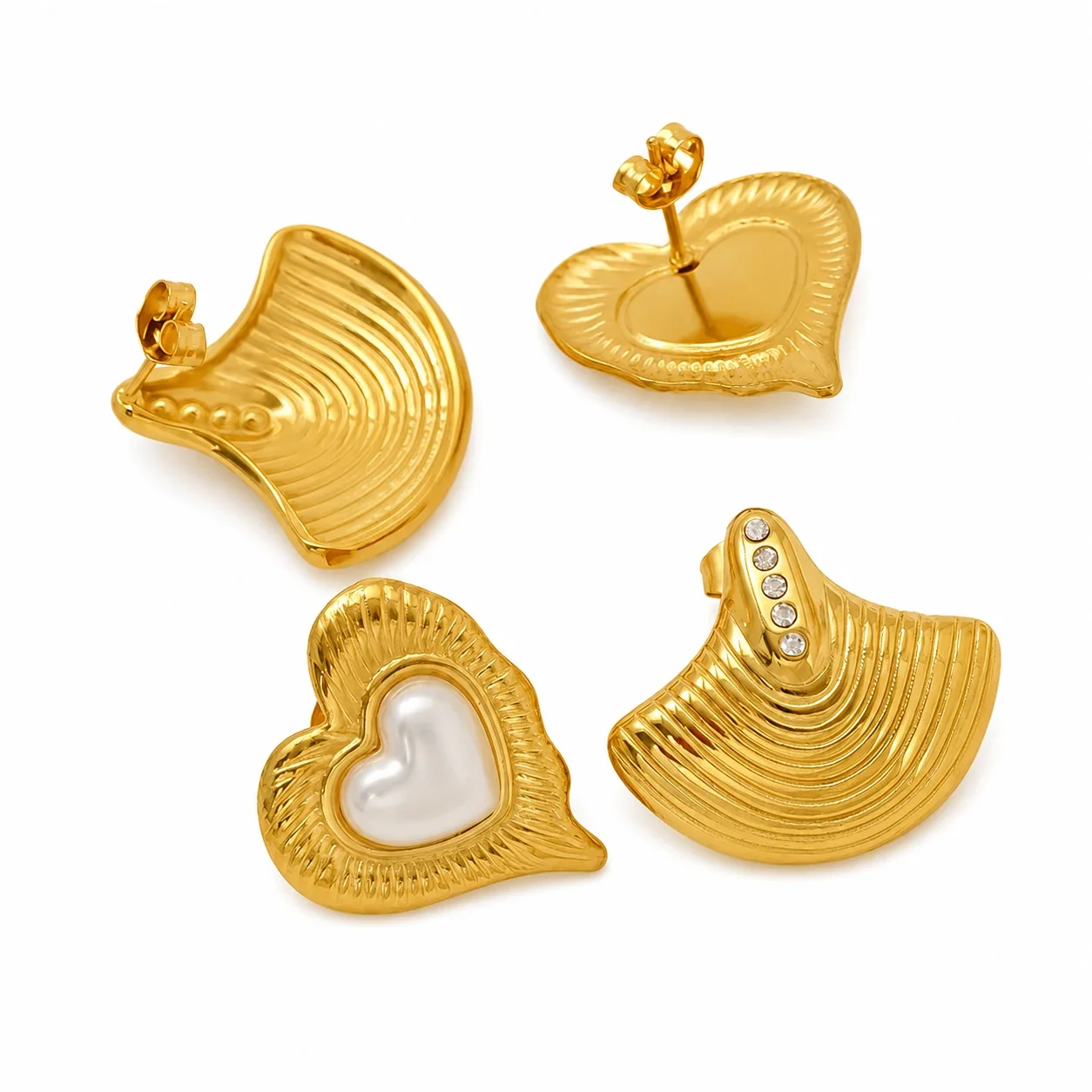 Sculptural Gold-Plated Ribbed Heart Pearl Stud Earrings