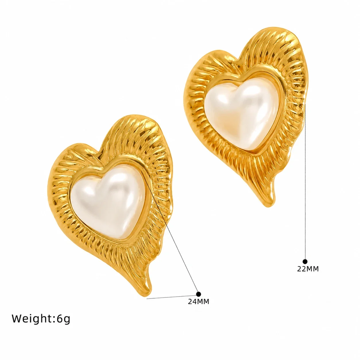 Sculptural Gold-Plated Ribbed Heart Pearl Stud Earrings - Gold Heart Pearl