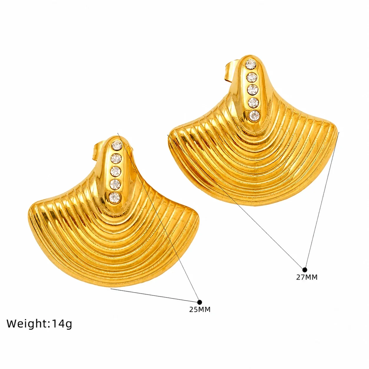 Sculptural Gold-Plated Ribbed Heart Pearl Stud Earrings - Gold Ribbed Crystal