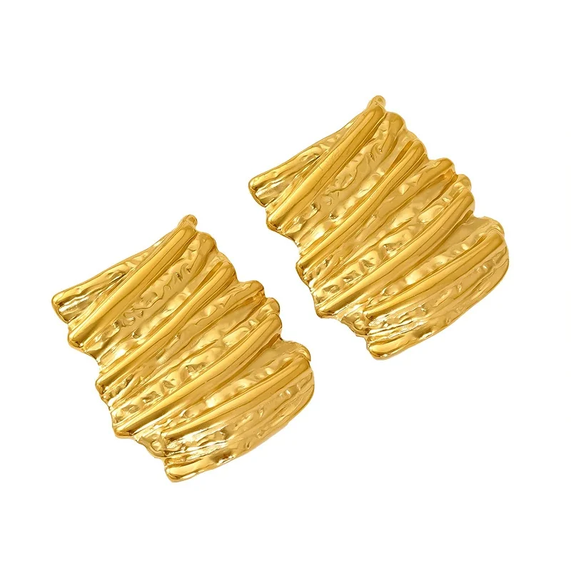 Sculptural Gold-Plated Stainless Steel Ribbed Square Stud Earrings
