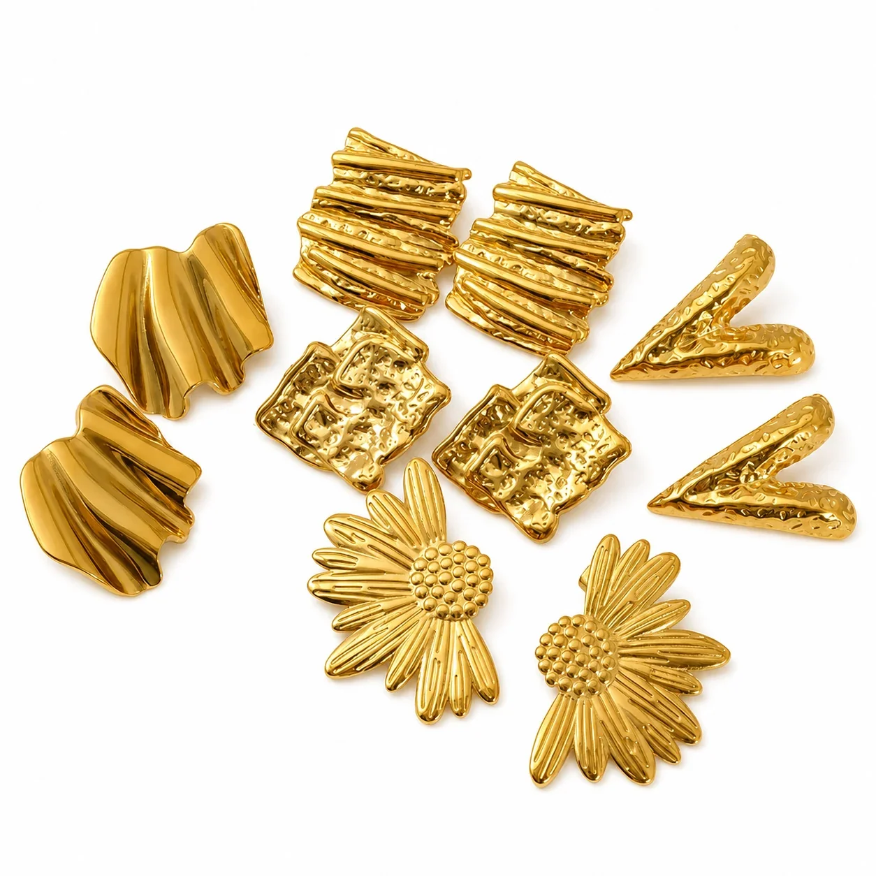 Sculptural Gold-Plated Stainless Steel Ribbed Square Stud Earrings