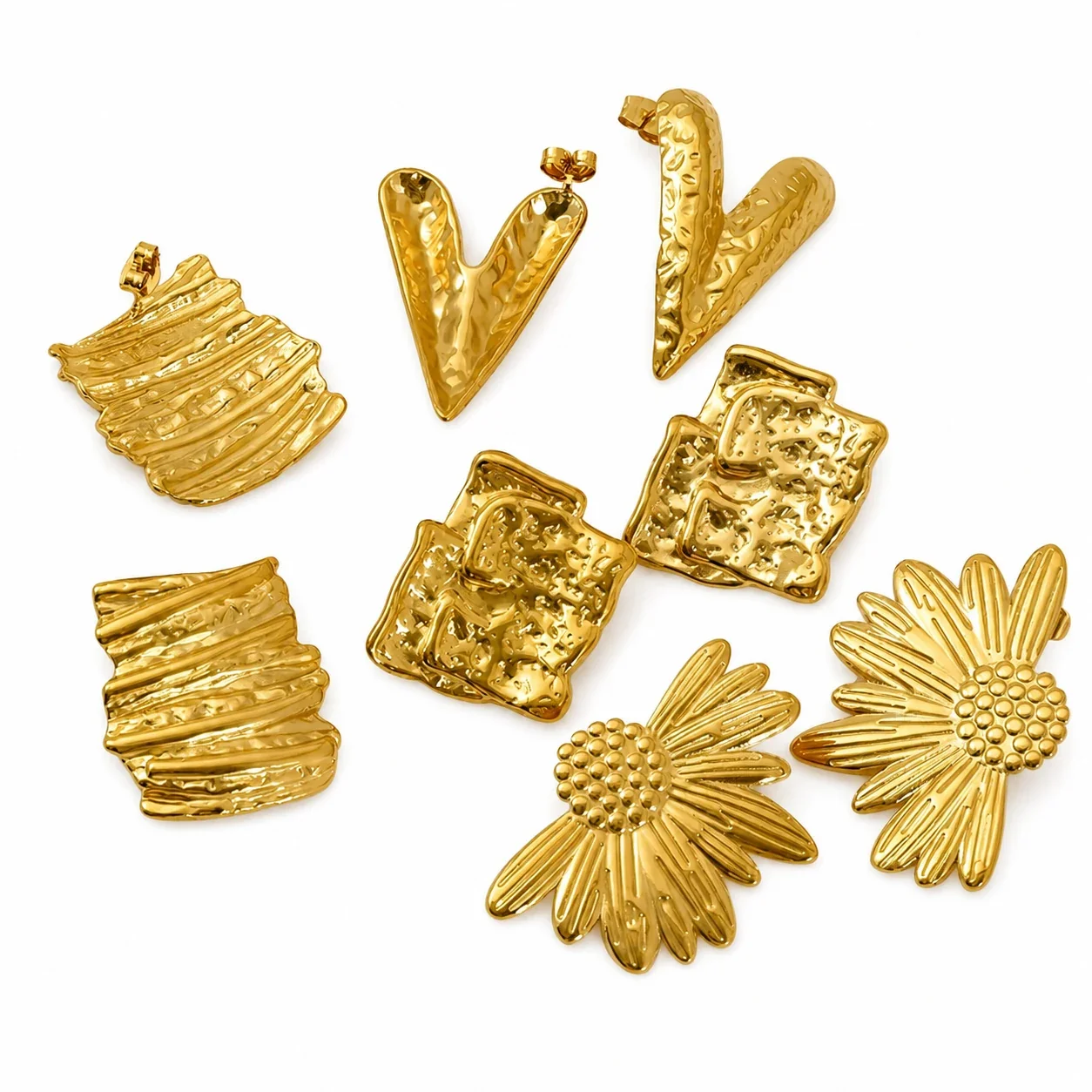 Sculptural Gold-Plated Stainless Steel Ribbed Square Stud Earrings