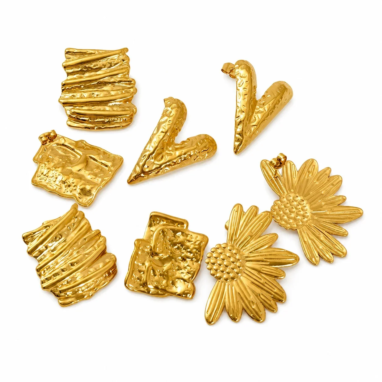 Sculptural Gold-Plated Stainless Steel Ribbed Square Stud Earrings