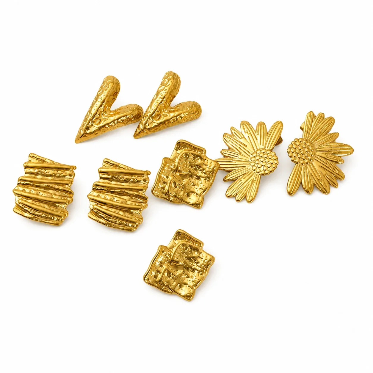 Sculptural Gold-Plated Stainless Steel Ribbed Square Stud Earrings