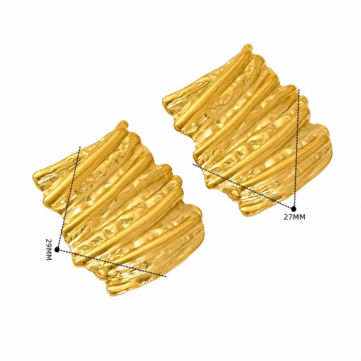 Sculptural Gold-Plated Stainless Steel Ribbed Square Stud Earrings - Gold Ribbed Square