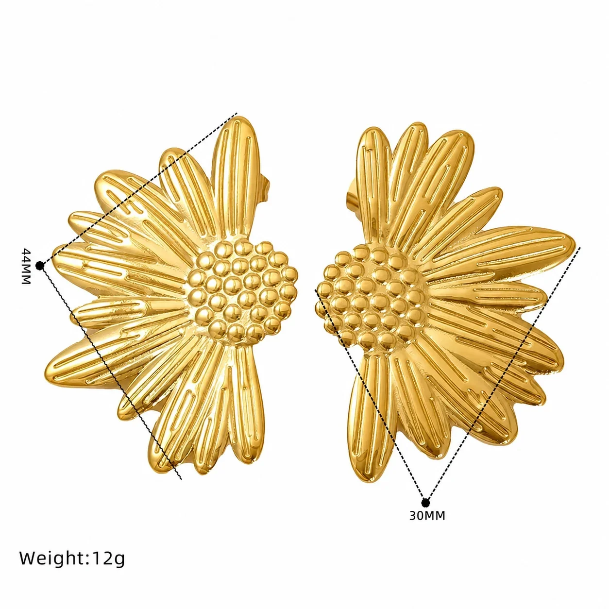 Sculptural Gold-Plated Stainless Steel Ribbed Square Stud Earrings - Gold Pleated Shell