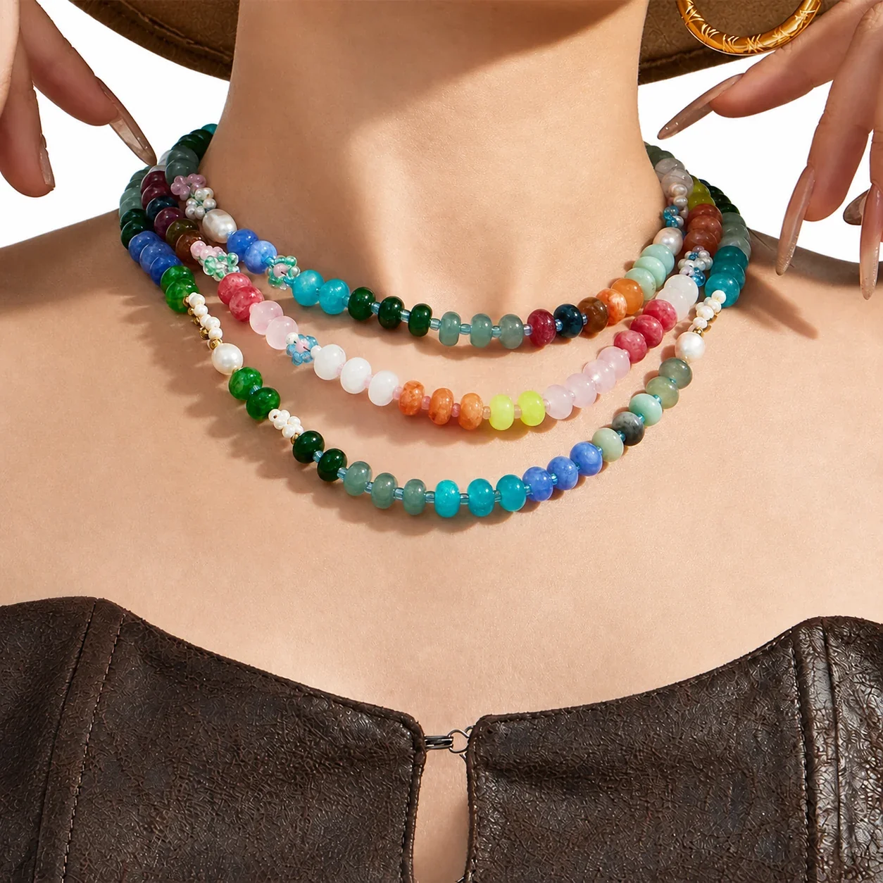Produktfoto: Bunte 316L Edelstahl-Halskette mit Naturstein-Perlen-Mix – 18K vergoldet - PVD