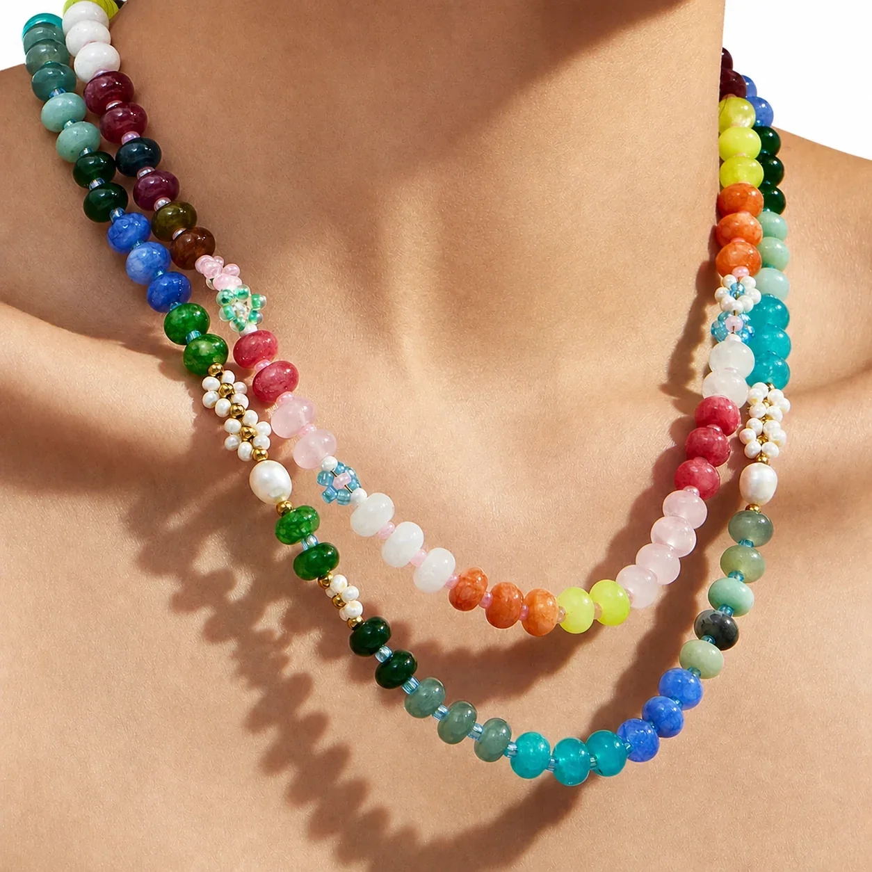 Produktfoto: Bunte 316L Edelstahl-Halskette mit Naturstein-Perlen-Mix – 18K vergoldet - PVD