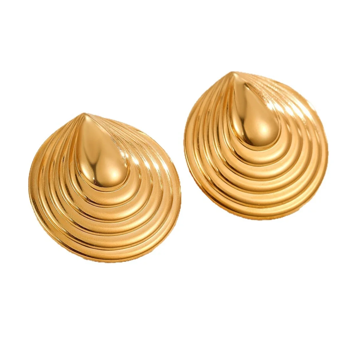 Spiral Disc Earrings, Concentric Ridges, 18K Gold-Plated Steel
