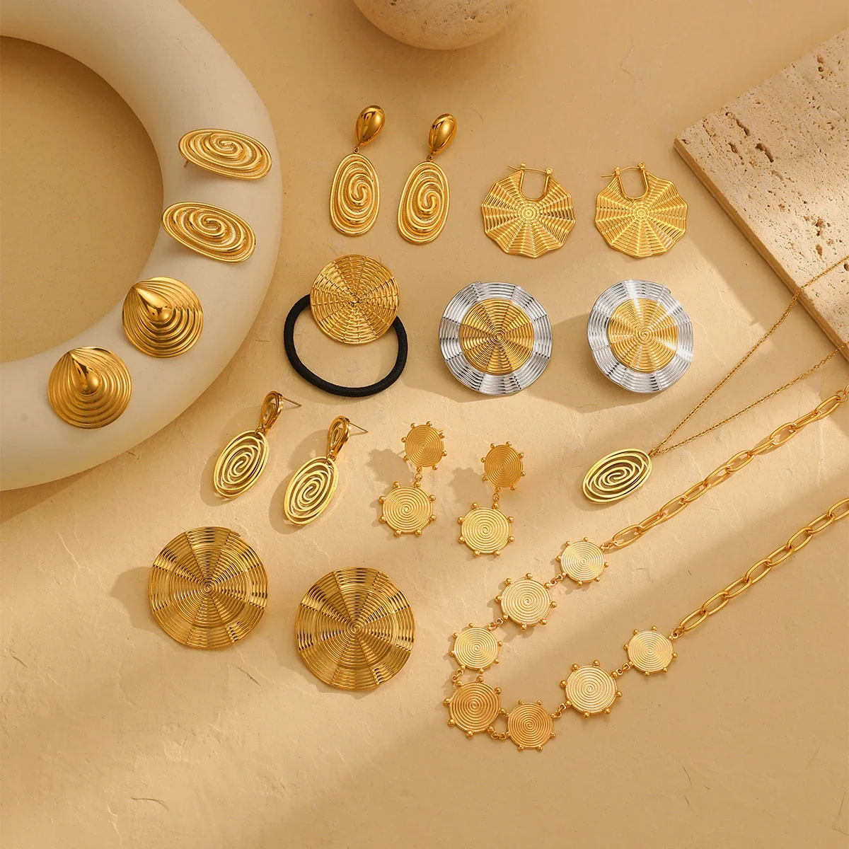 Spiral Disc Earrings, Concentric Ridges, 18K Gold-Plated Steel