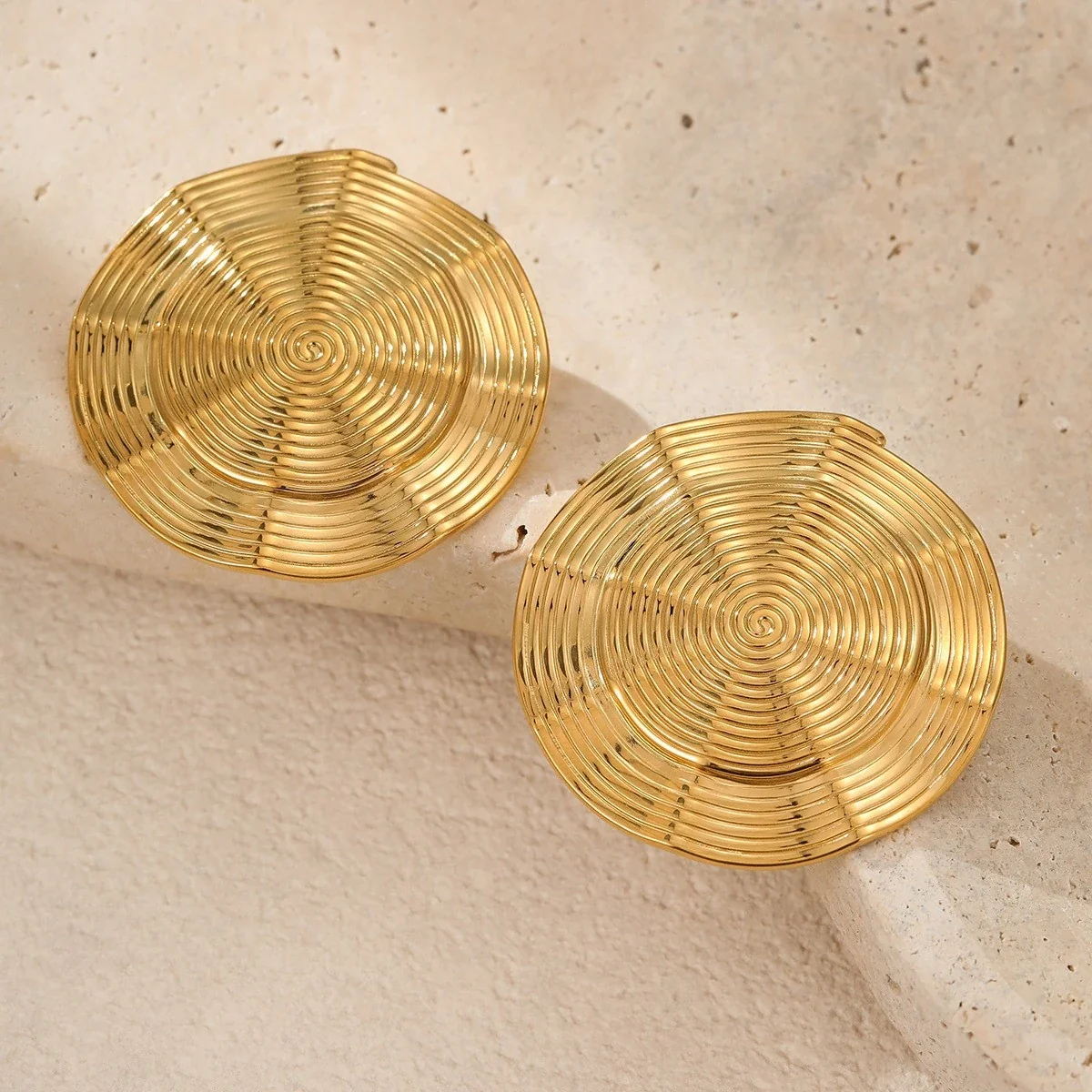 Spiral Disc Earrings, Concentric Ridges, 18K Gold-Plated Steel