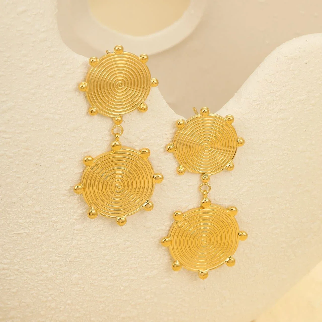 Spiral Disc Earrings, Concentric Ridges, 18K Gold-Plated Steel